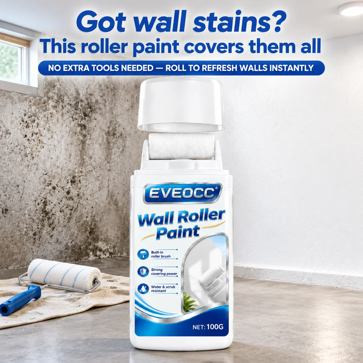 EVEOCC Wall Repair Paint Roller Type Strong Cover Hide Wall Marks Water & Scrub Resistant Home Renovation