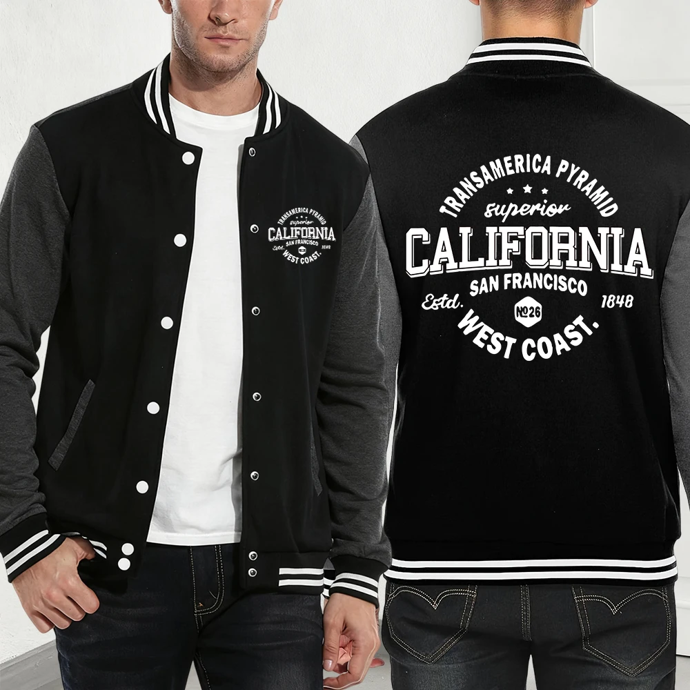 

California West Coast Printing Baseball Jersey Mens Autumn Fleece Warm Coats Basics Pocket Jackets Casual Loose Men'S Clothes