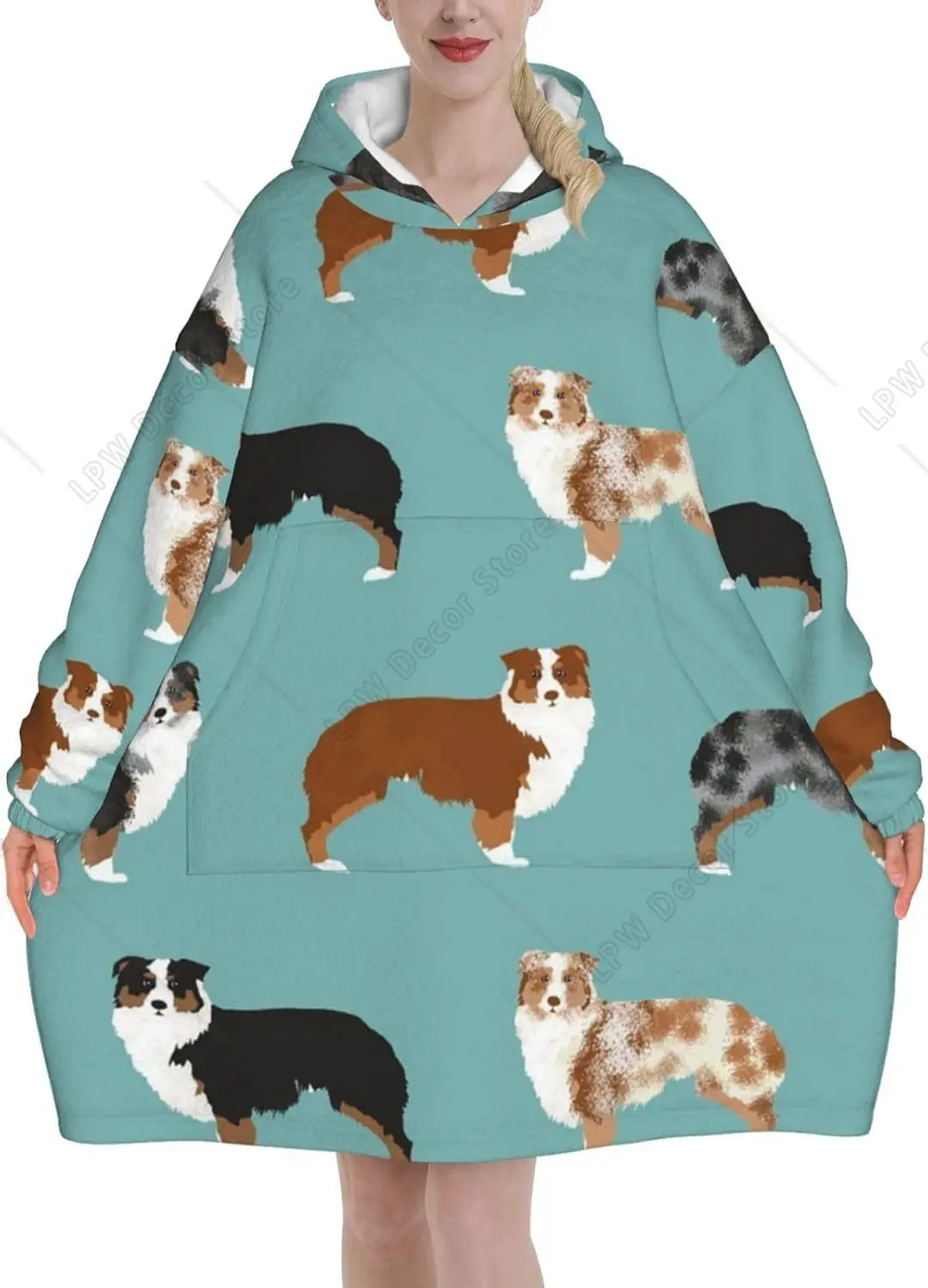 Australian Shepherds Dogs Pattern Adult Flannel Wearable Plush Blanket with Pockets Ultra Soft Plush Warm Hoodie