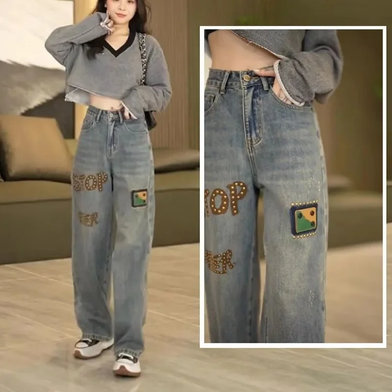 

Autumn Women New Washed Straight-leg Jeans Retro Lady High Waist Cowboy Trousers 2025 Female Large Size 4XL Wide Leg Denim Pants