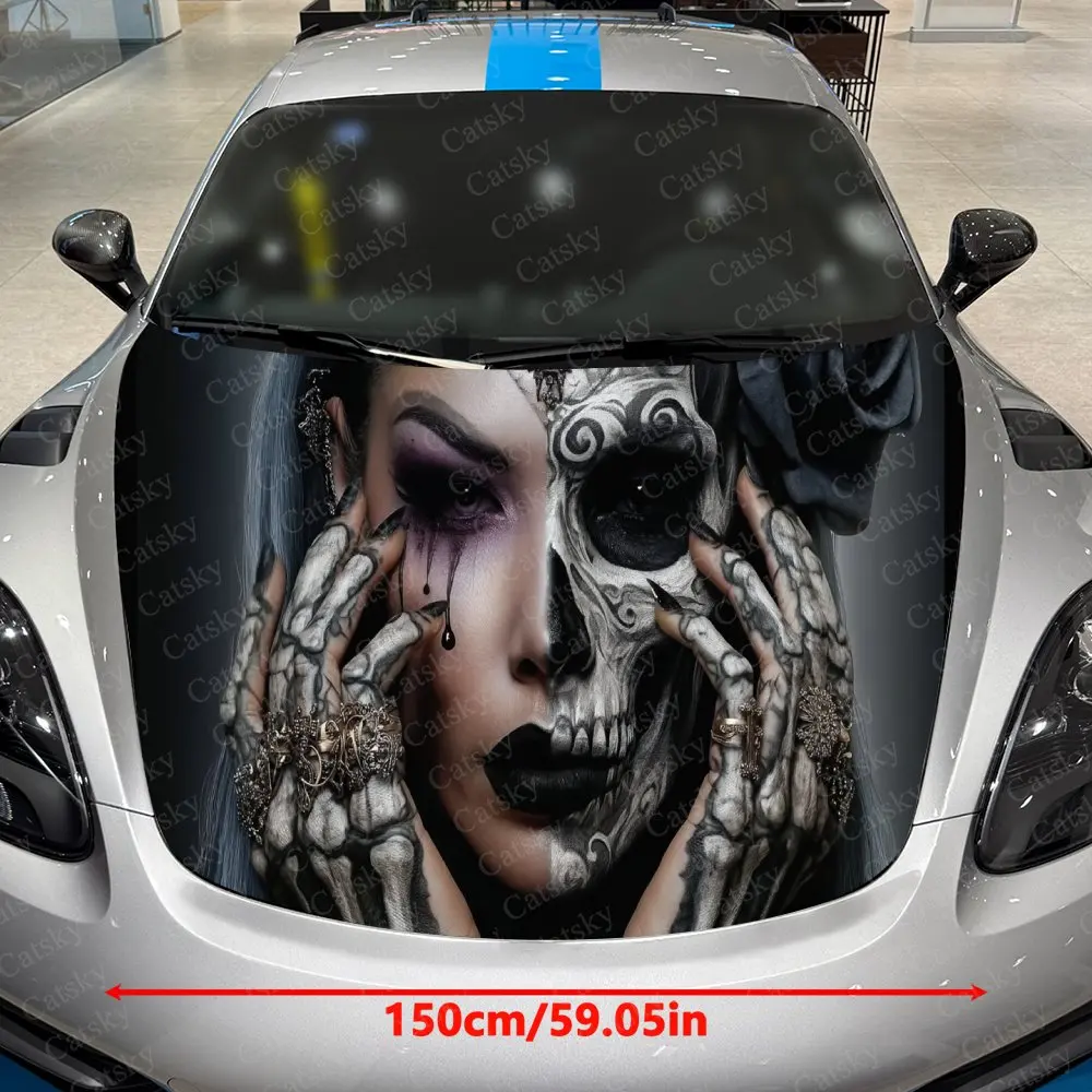 Skull Makeup and Gothic Lady Car Vinyl Wrap, PVC Material Waterproof Car Hood Sticker, Self-Adhesive Scratch-Resistant Stickers