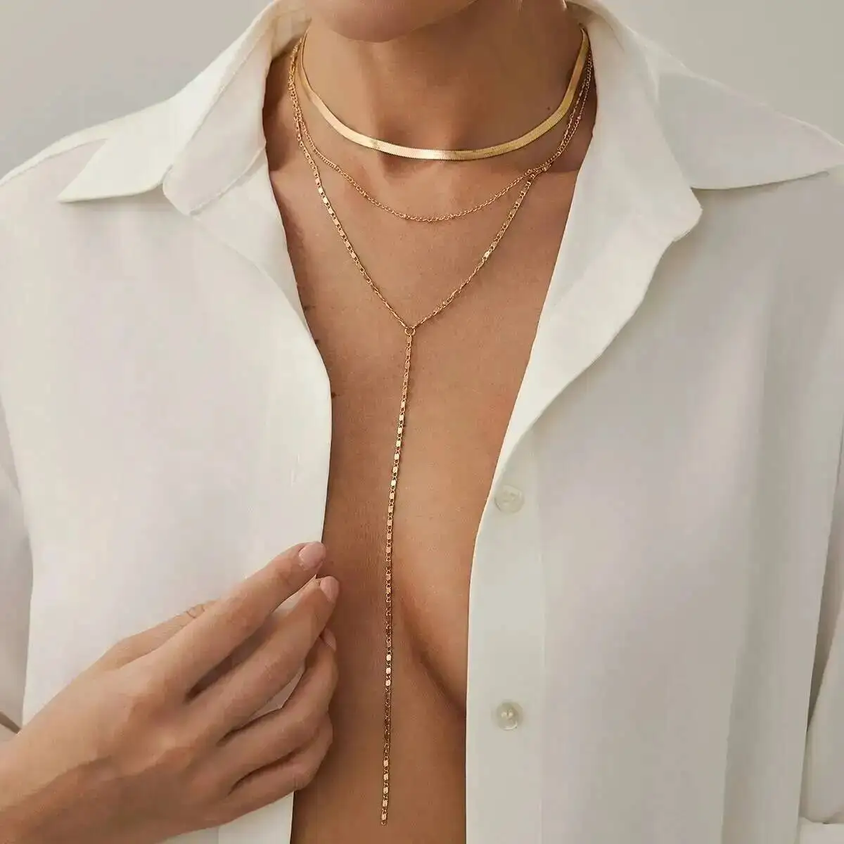 

SHIXIN 3 Pcs/Set Elegant Y-shaped Long Pendant Necklace Sweater Chain for Women Sexy Flat Snake Chain Choker Jewelry Gift New