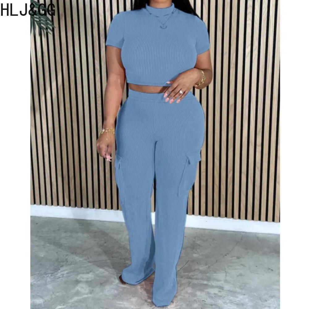 HLJ&GG Casual Solid Pocket Cargo Pants Two Piece Sets Women Round Neck Short Sleeve Crop Top And Pants Tracksuits Female Outfits
