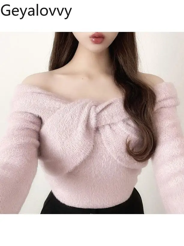 

Осень-зима, новый японский стиль, милый плюшевый расклешенный свитер с длинными рукавами, универсальный короткий тонкий вязаный пуловер с открытыми плечами