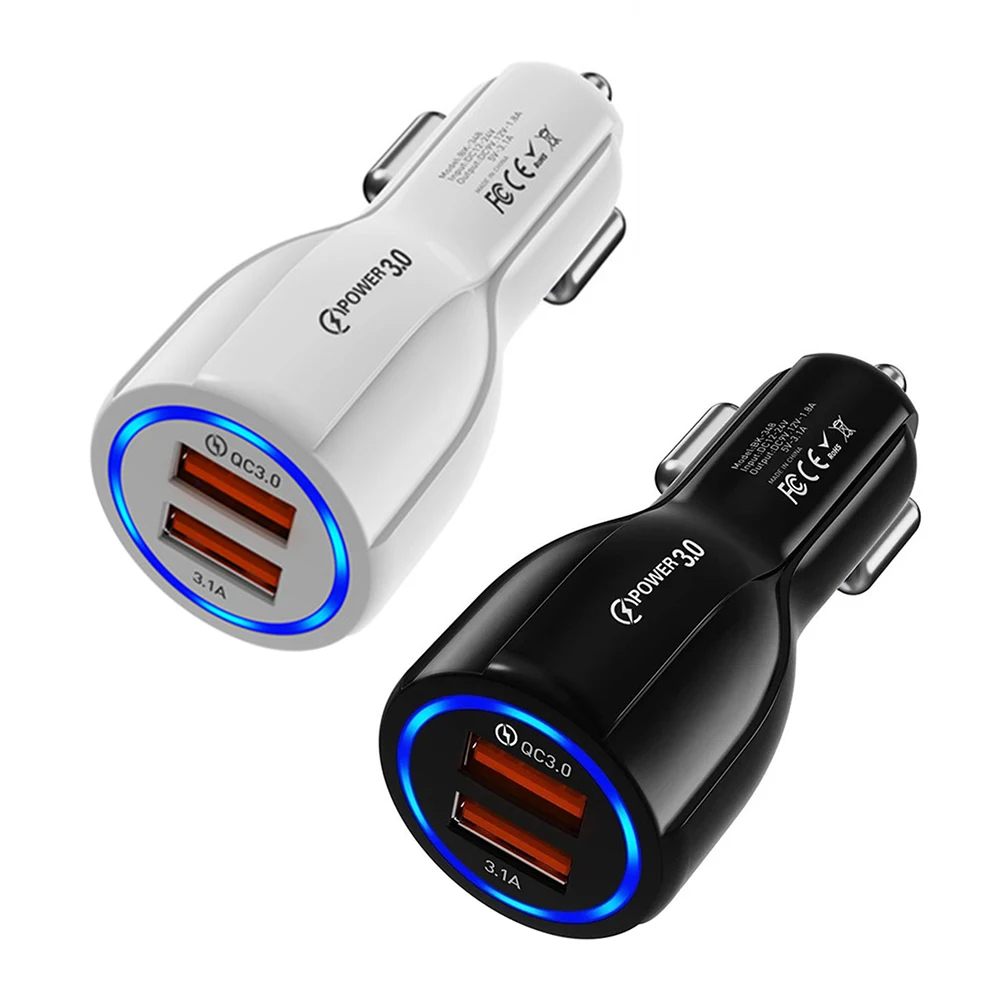 3.1A QC3.0 2 USB Car Charger 12-24V LED Digital Car Adapter Socket Quick Car Phone Charger with LED Lamp for iPhone Xiaomi