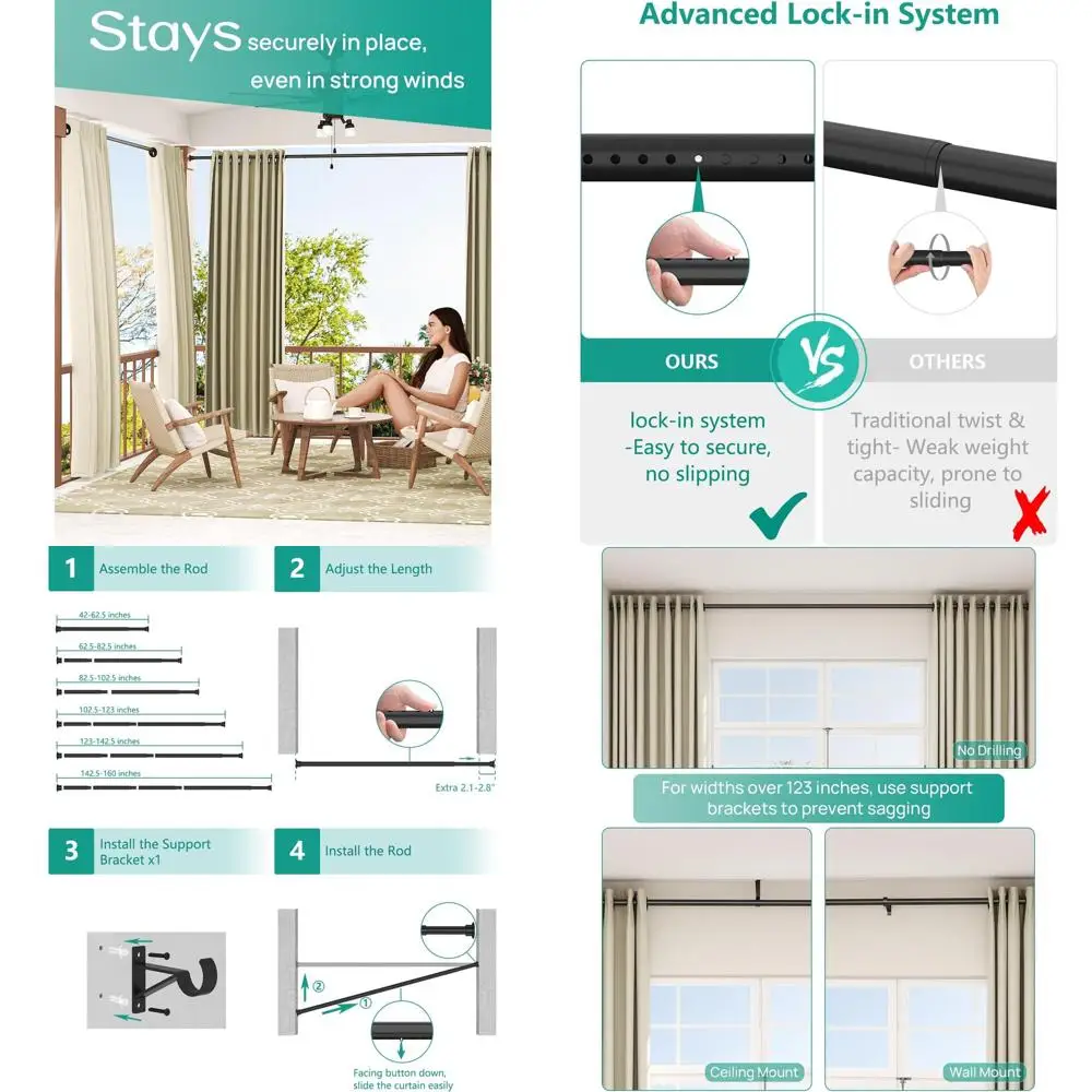 

Extra-Long Heavy-Duty Tension Curtain Rod, 42-160 Inches, Black, Ideal for Windows, Room Dividers, and Bathrooms