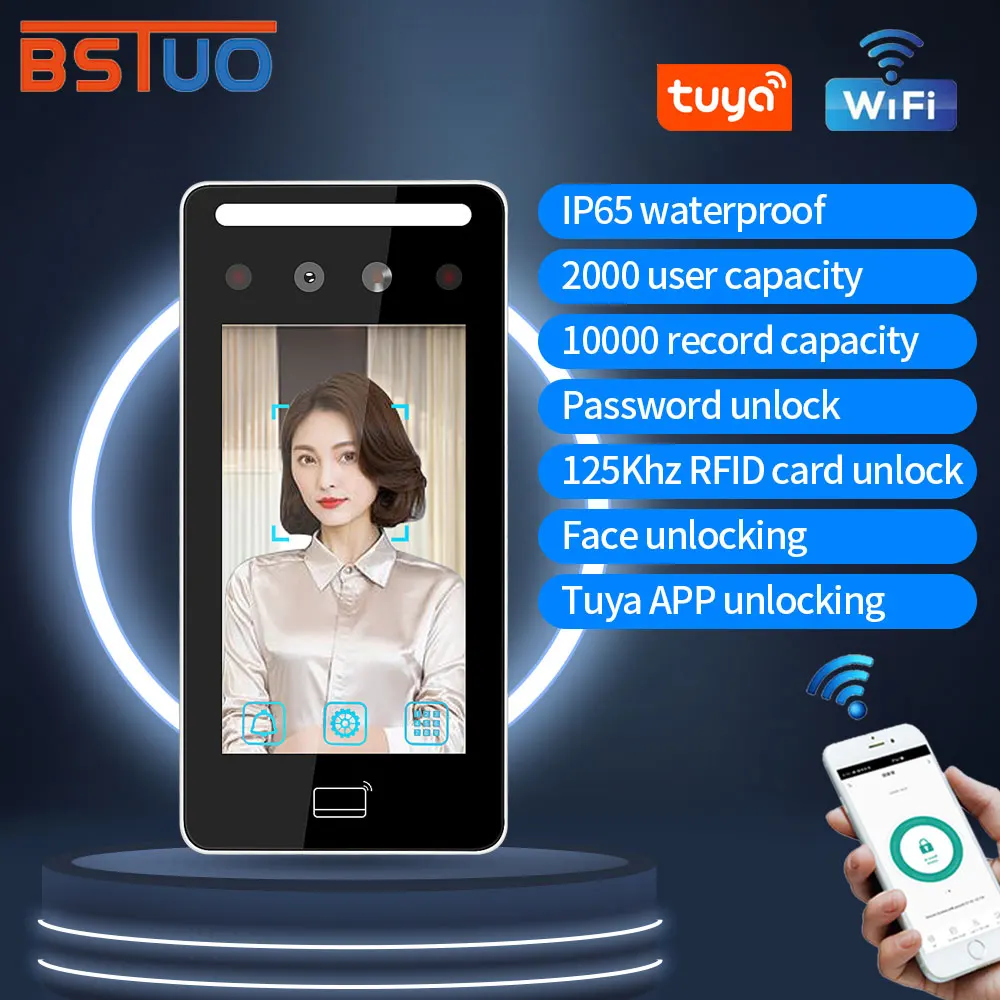 IP68 Waterproof Outdoor WIFI Tuya App AI Face Facial Recognition Door Access Control System Time Clock Attendance 2000user 125Kh