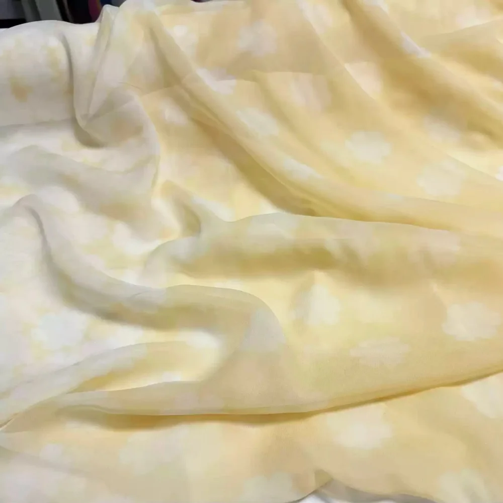 Best Casual Light Yellow Gradient Tiny Small White Flowers Silk Georgette Fabric for Girls Kids Wife Lining Dress Clothes Veil