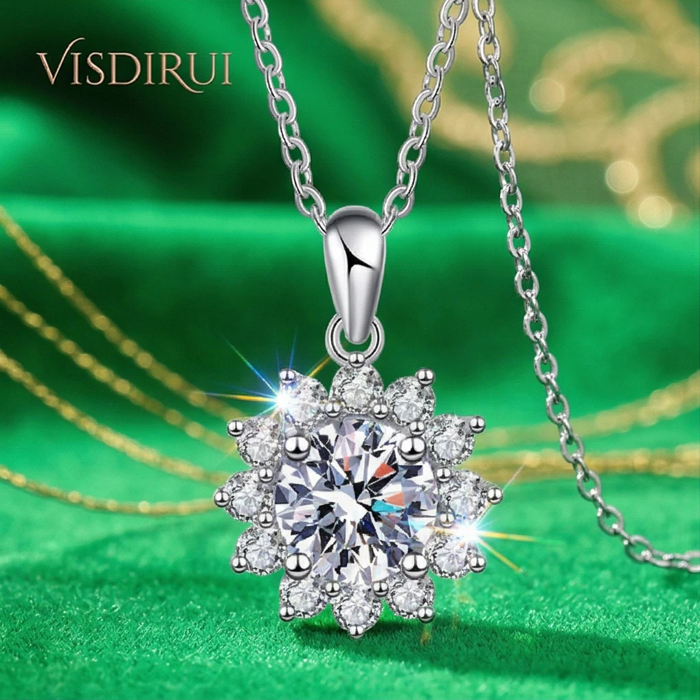 

VISDIRUI 1ct Sunflower Moissanite Pendant Necklace S925 Silver D Color VVS1 Round Cut O Chain Fine Jewelry Anniversary Gift Her