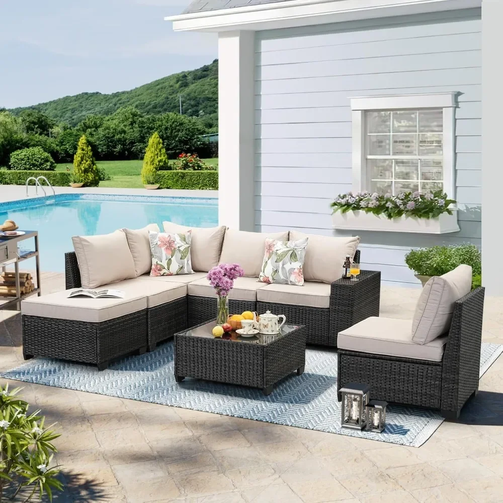 

Patio Furniture Set 7 Pieces All Weather Patio Conversation Sets Wicker PE Rattan Outdoor Sectional Couch Sofa Set with Cushion
