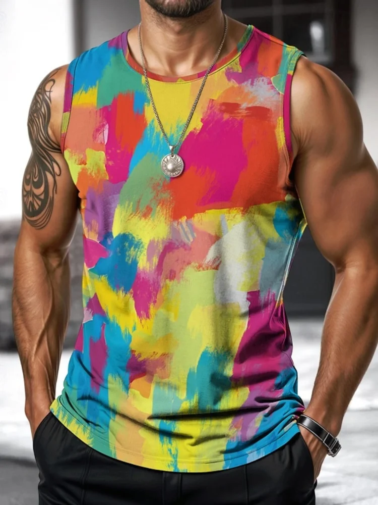 

3D Abstract Color Print Men's Sports Sleeveless T-shirt Summer Daily Casual Men's Tank Top Outdoor Street Fitness Men's Top