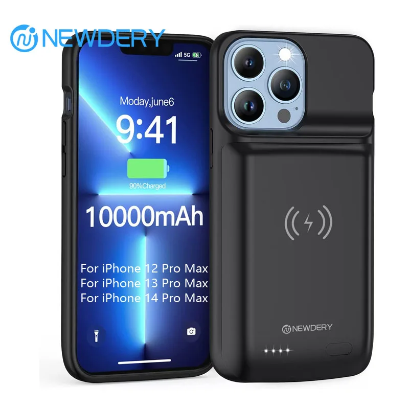 NEWDERY 10000mAh Magnetic Qi Wireless Power Bank Battery Case for iPhone 14 13 Pro Max 12 Pro Max Portable Charging Pack Extended Battery Shell Battery Pack