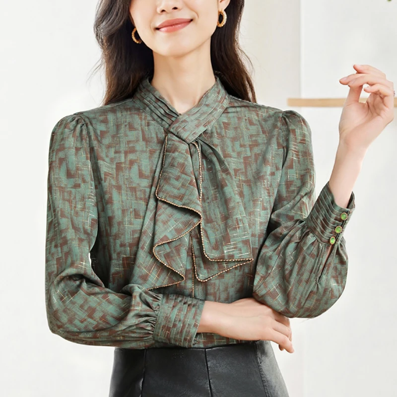 Elenagt Gedrukt Dames Office Shirts Mode Trui Sjaal Hals Commuter Blouses Vrouwen Tops Hoge Kwaliteit Kleding Femme