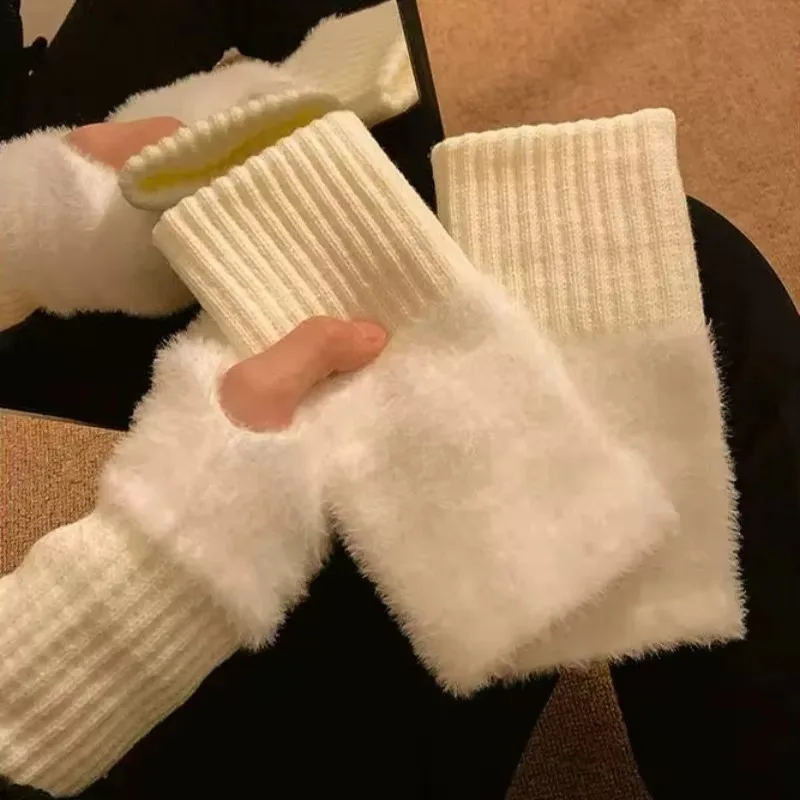 Warme Nerz Fleece Handschuhe Winter Frauen Mädchen Weiche Halbe Finger Handschuhe Einfarbig Plüsch Gestrickte Fingerlose Handschuhe Mode Zubehör