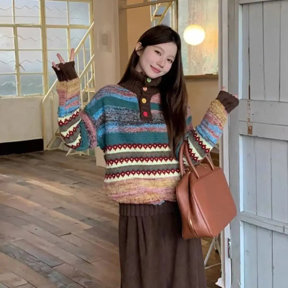 Simple Long Sleeve Knit Sweater Women Soft Loose Colorfult Crochet Knitwear Sweet Retro Winter Autumn Knitted Top Gift