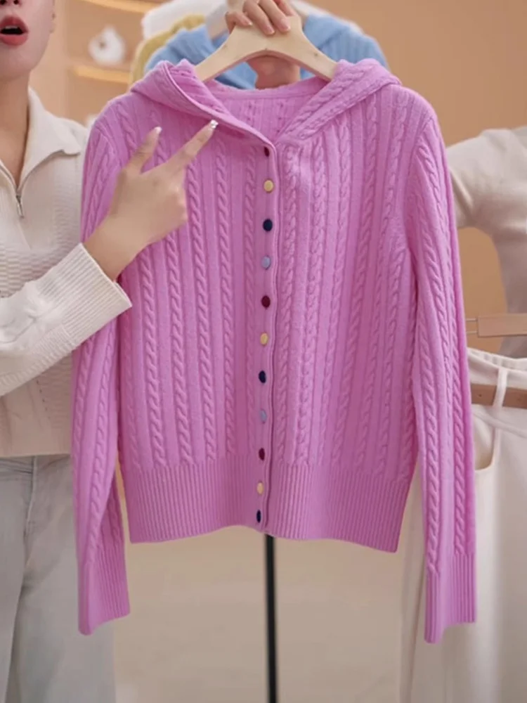 Commuter Sweet Anti-Aging Twisted Hat Buttons Knitted Open Cardigan Fashionable High-End Casual Long Sleeve Sweater