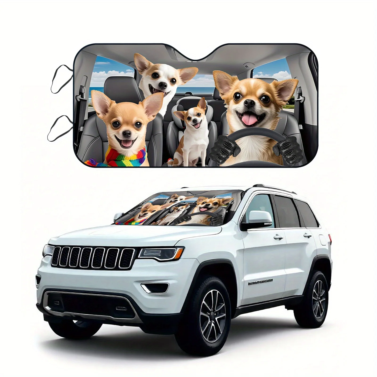 

Защита от солнца, 1 шт., три чихуахуа в автомобиле, дизайн, солнцезащитный козырек для автомобиля, складной, простой в установке, универсальный, защита от ультрафиолета