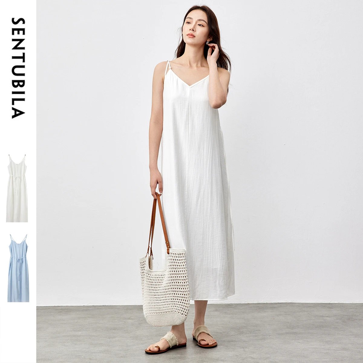 

SENTUBILA Midi Camisole Dresses for Women 2025 A-line Beach Style Backless V Neck Wrap Wait Hollow Elegant Long Dress 152L58689