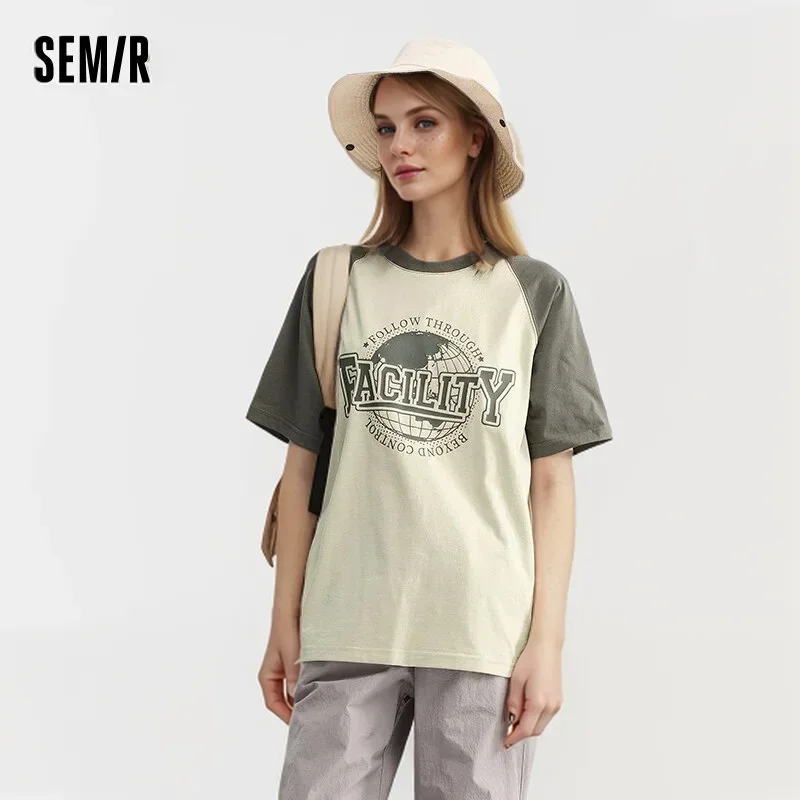 Semir Short Sleeve T-Shirt Women Medium-Length Loose Shoulder Sleeve 2024 Summer New Letters Pullover Retro Trend T shirt