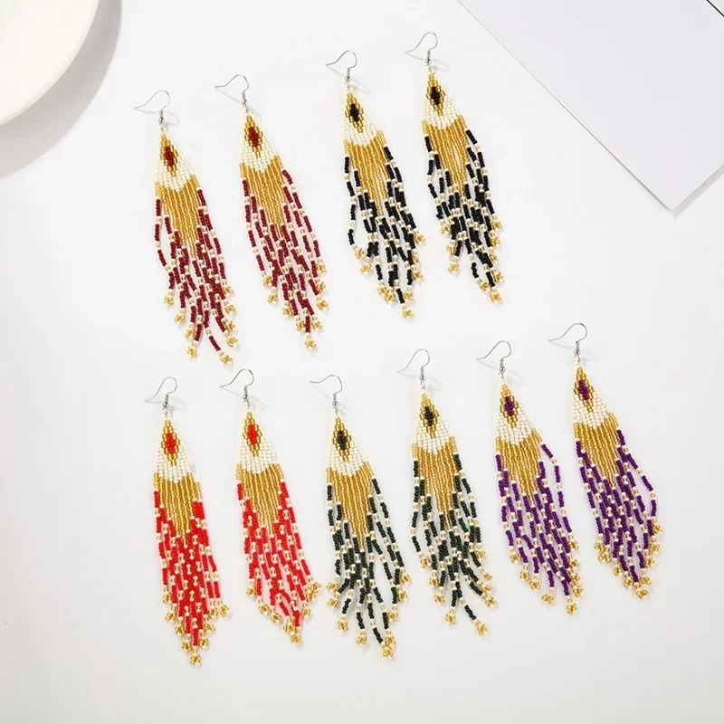 

2025 Handmade Beaded Earrings Tassel Intersperse Originality Bohemia Hand Knitting Fashion Female Design Simple