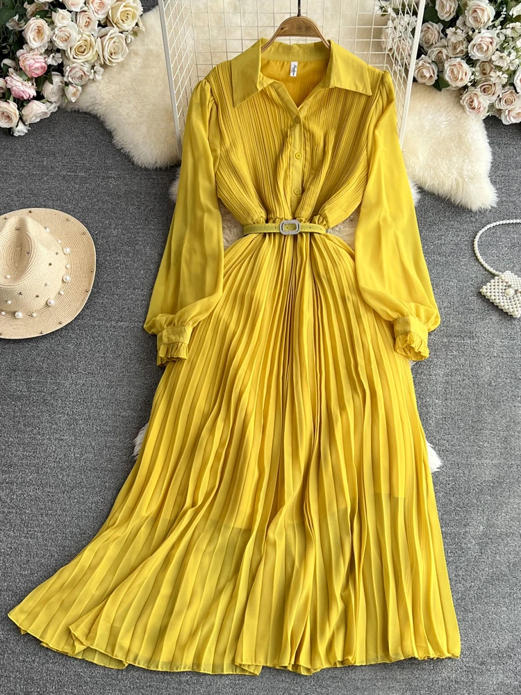 Spring Autumn Women Turn-Down Collar Pleated Long Dress Vintage Single Breasted Lantern Sleeve High Waist Draped Maxi Robe New