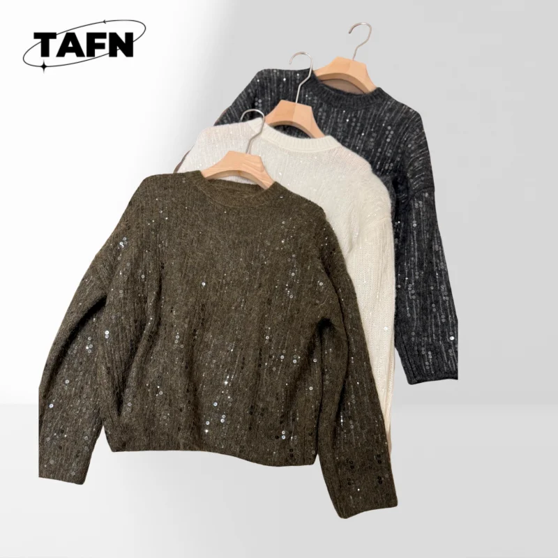 

round Neck Raindrops Sequin Knitwear Chunky Knit Sweater for Women, Stay Warm and Fashionable This Winter AG3152