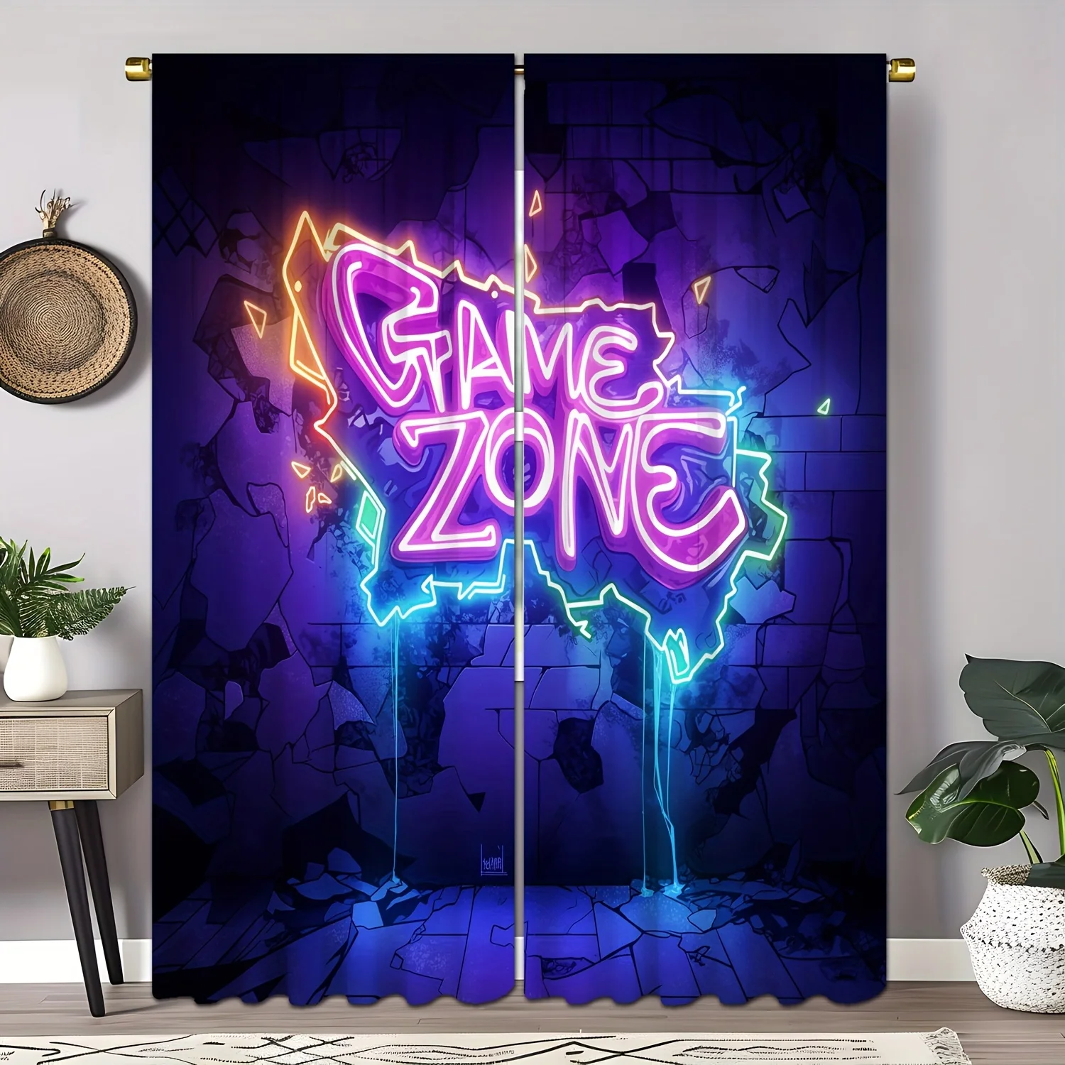 2pcs Neon Game Zone Print Curtains Graffiti Style Polyester Window Drapes for Boys Bedroom Game Room Cyberpunk Decor