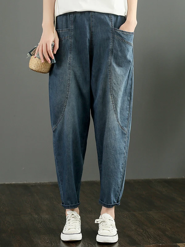 กางเกงยีนส์เอวสูงผ้ายืดสำหรับผู้หญิง แฟชั่นฤดูร้อน ทรงสลิมหลวม สไตล์ลำลอง ทรงฮาเร็ม ผ้าบาง สีเข้ม ความยาวเก้าส่วน