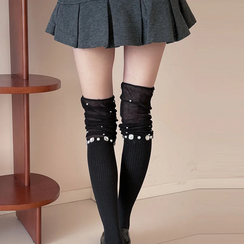 Ballet Style Solid Color Women's Spliced Over Knee Pile Socks Diamond High Tube Slimming Knee Protection Socks, Long Tube Socks