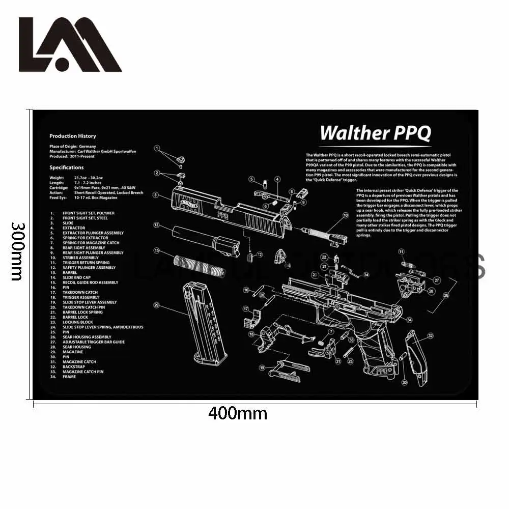 Zestaw mata gumowa do czyszczenia pistoletów Glock 75 Gen4 schemat części i instrukcje podkładka pod mysz Walther PPQ HK P2000 SIG p365