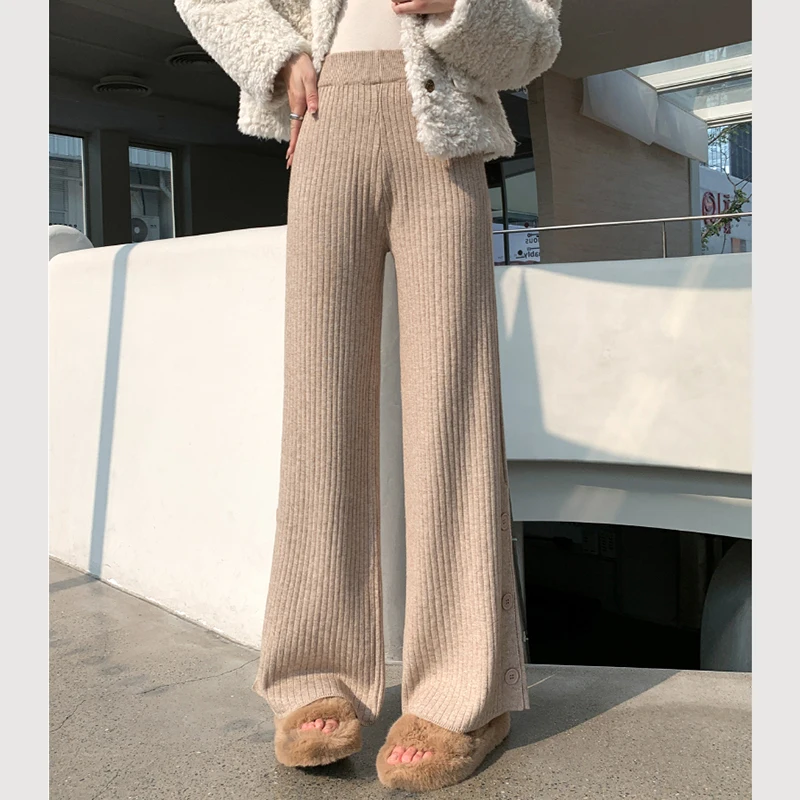 Gidyq Korean Women Wide Leg Pants Fashion All Match Slit Loose Straight Pants Autumn Streetwear Female High Waist Knit Trousers