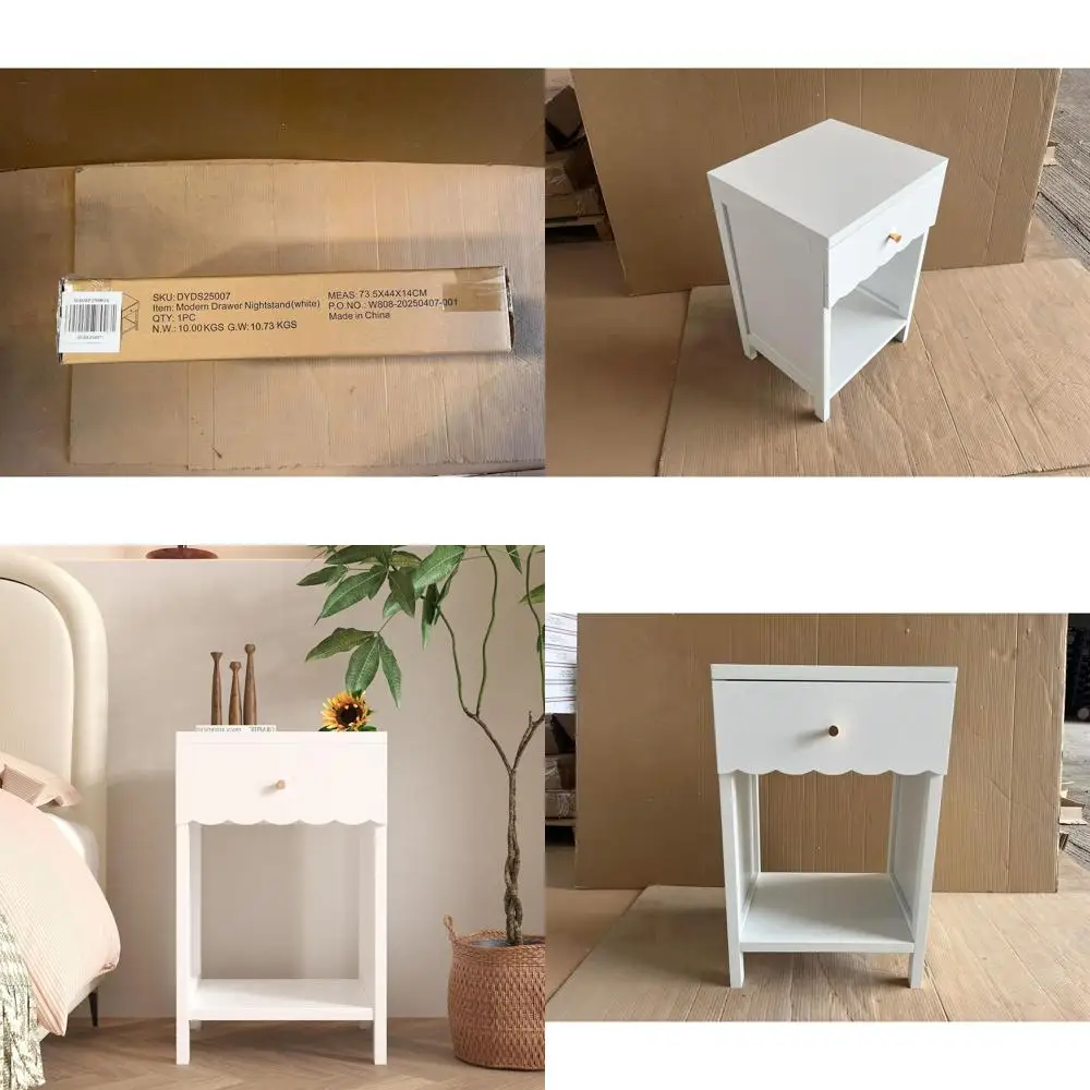

White Scalloped Edge Nightstand, Minimalist Style for Bedroom or Kids' Room (H 26.8)