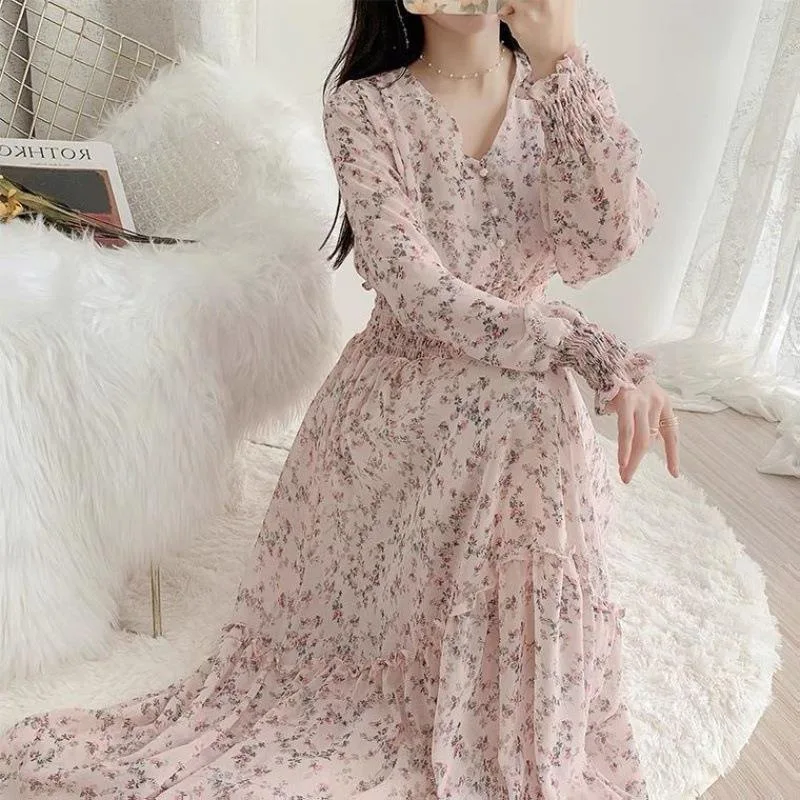 Chiffon Ruffle Slim Folds Casual Print Floral Dress Summer Long Sleeve Dresses New Spring Korean Fashion Elegant Womens Clothing