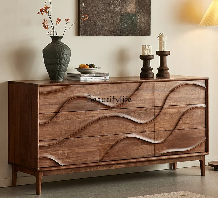 North American black walnut nine chest cabinet Nordic simple wheat wave chest cabinet household living room solid wood