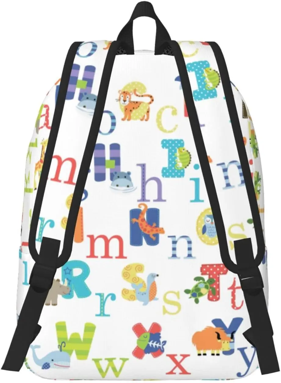 Mochila de lona con estampado de alfabeto animal colorido, moderna e informal, apta para uso diario y actividades al aire libre