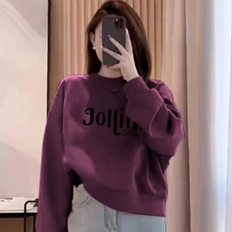 Korean Fashion Autumn Winter New Women O-Neck Letter Printing Plus Velvet Thicken Long Sleeve Loose Pullovers Sweatshirts Tops