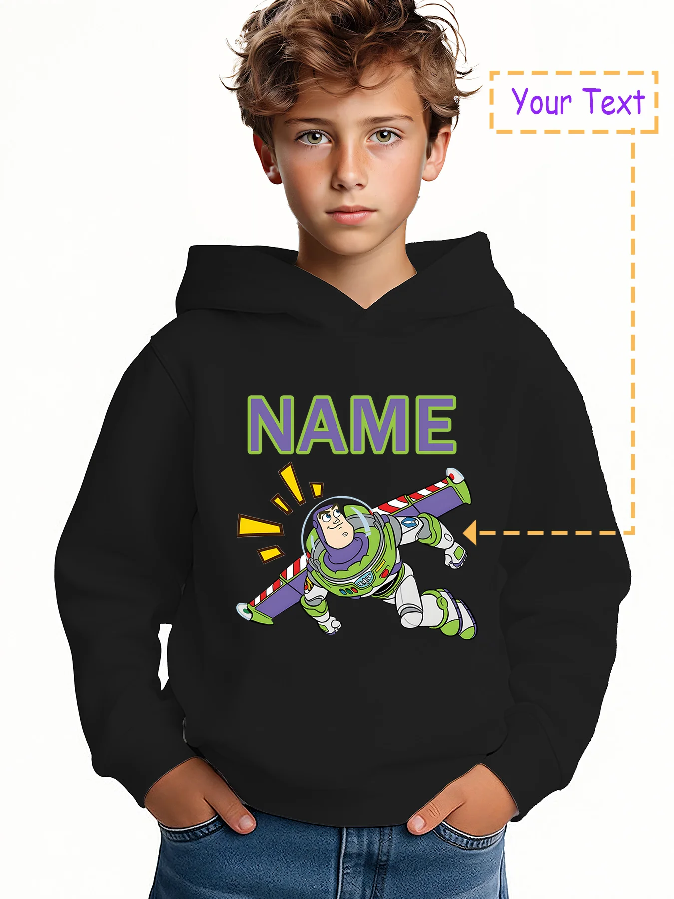 

MINISO Buzz Lightyear Flight Hoodie - Buzz Lightyear in flight, customizable with "NAME." Inspired by Toy Story, perfect for eve
