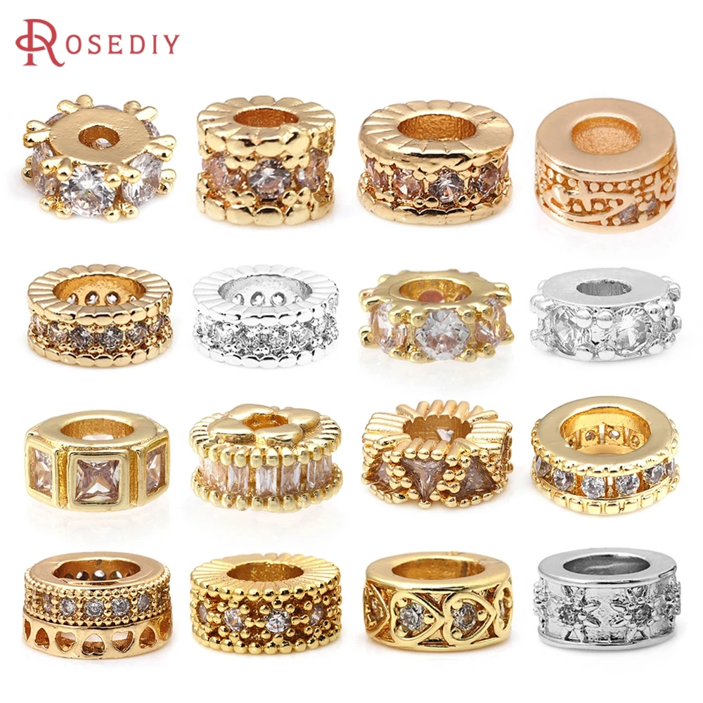 18K Gold Color Brass Zircon Large Hole Wheel Spacer Beads Bracelets Beads High Quality Diy Jewelry Accessories Making Materials