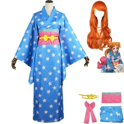 Anime Nami Cosplay Costume Wano Kuni Country Wig Japanese Blue Kimono Bathrobe Adult Woman Modify Halloween Carnival Suit