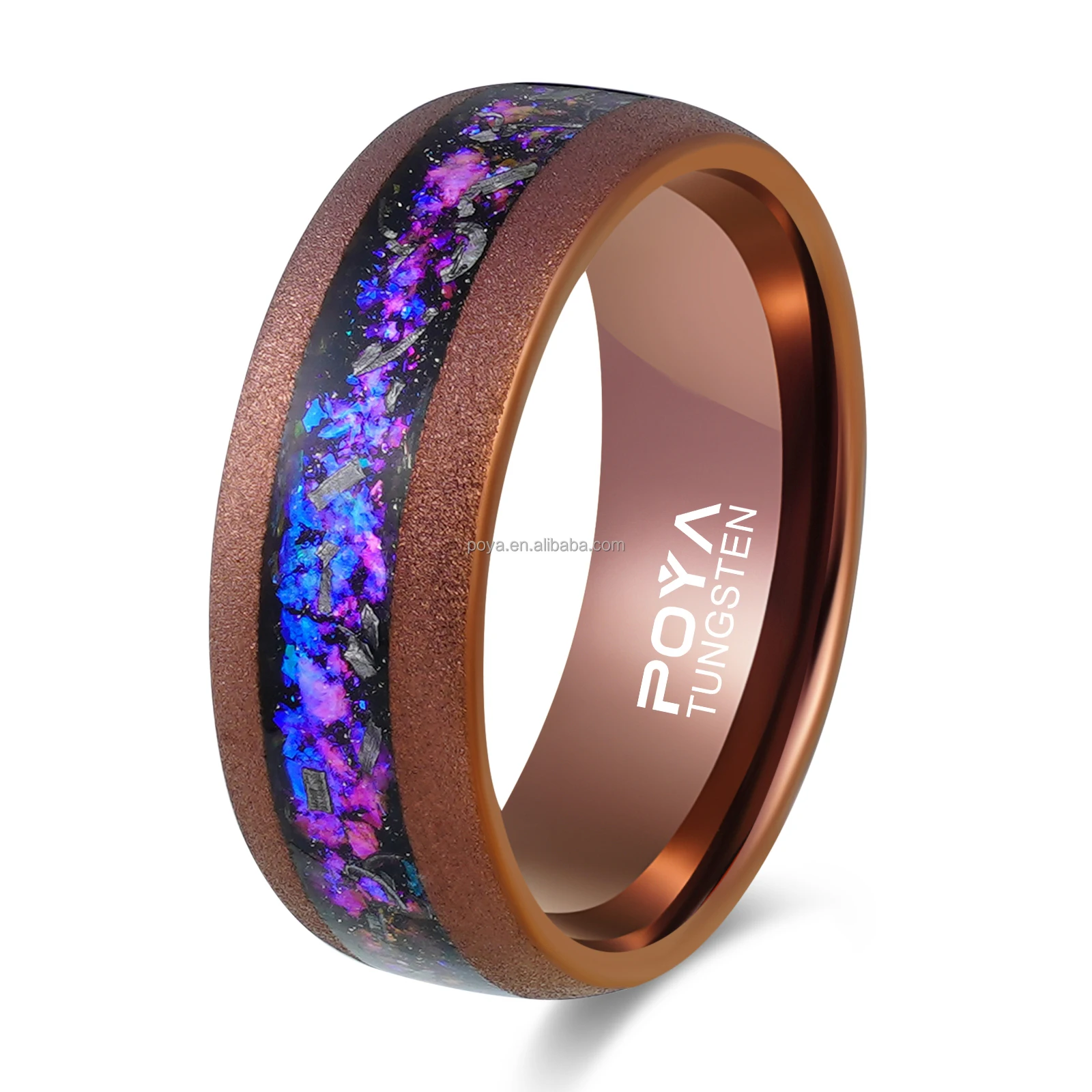 Coffee Wedding Band 8mm Sandblasted Dome Tungsten Carbide Meteorite Nebula Inlay Ring for Men