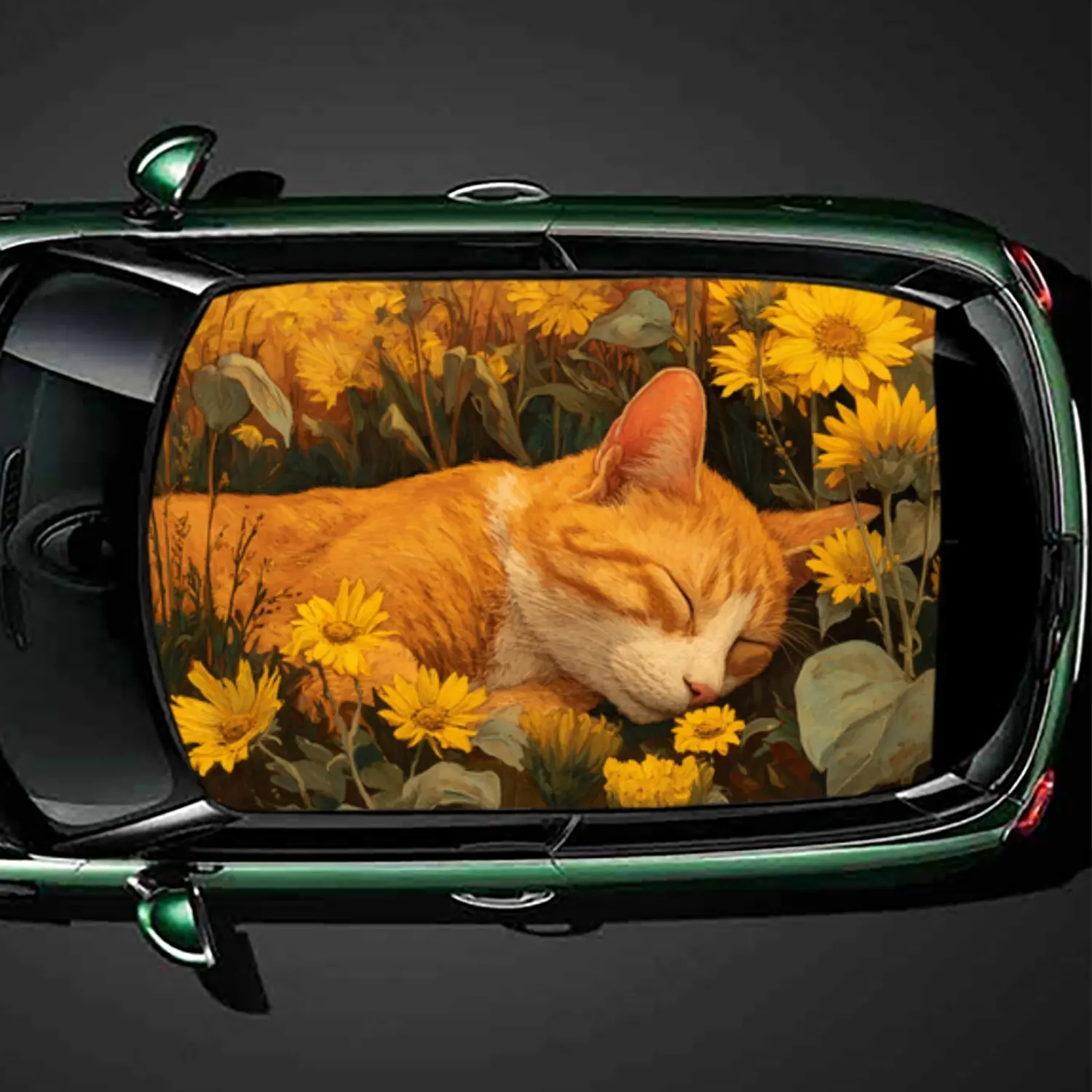 

Healing Cat Sunflower Nap Car Roof Sticker PVC Self Waterproof stick , Striking Auto Exterior Accessories Decoration Protect Gif