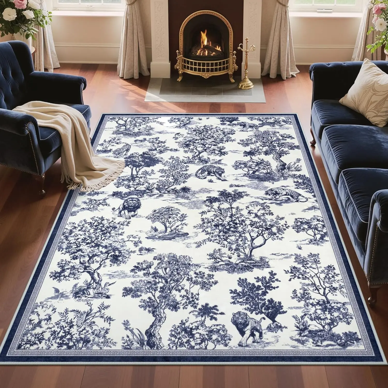 Washable Rug for Bedroom Dining Room Nursery Room,Soft Low Pile Non Slip,Vintage Animal Jungle Unique Classic Print Carpet Home