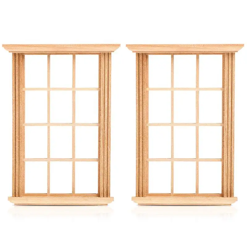 2pcs House Window Frame Ornament Wood Window Miniature Window Figurine Model Shutters Blind Window Kids 11.5x8.3x2cm