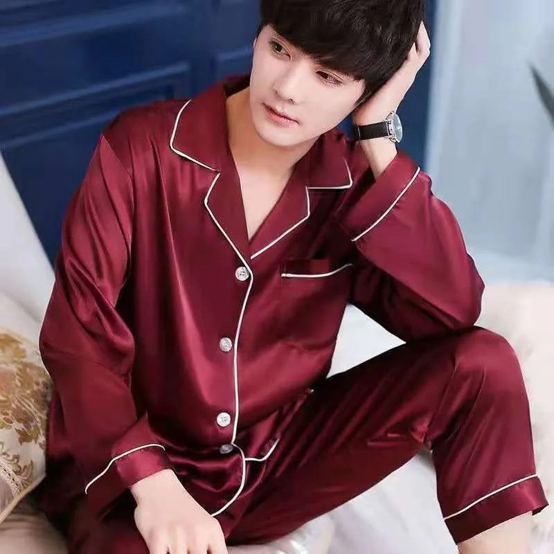 Spring and autumn and summer Men's pajamas Ice silk Long sleeve thin teenager Autumn and winter Extra large A loungewear set