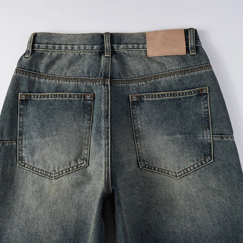الاتجاه الأمريكي العلامة التجارية الرجال الجينز مستقيم الساق غسلها السراويل الطويلة غير رسمية شارع العليا واسعة الساق سراويل جينز 2025 نمط جديد