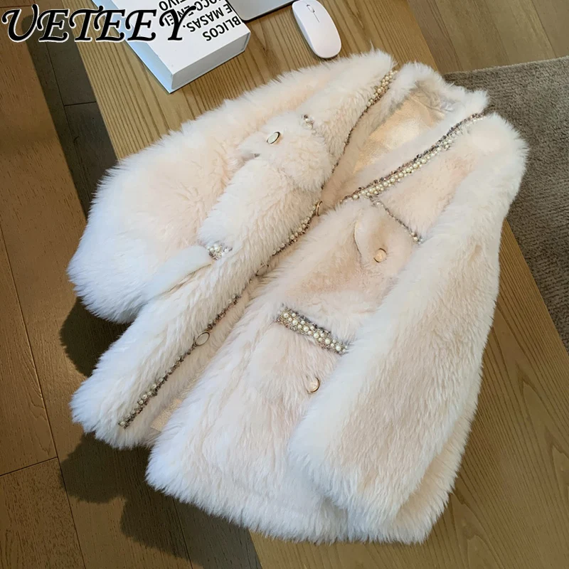 

High-End Super Nice Fleece-Lined Thickened Polar Lambswool Jacket Women's Temperament V-neck Long Sleeve Beaded Plush Fur Coat