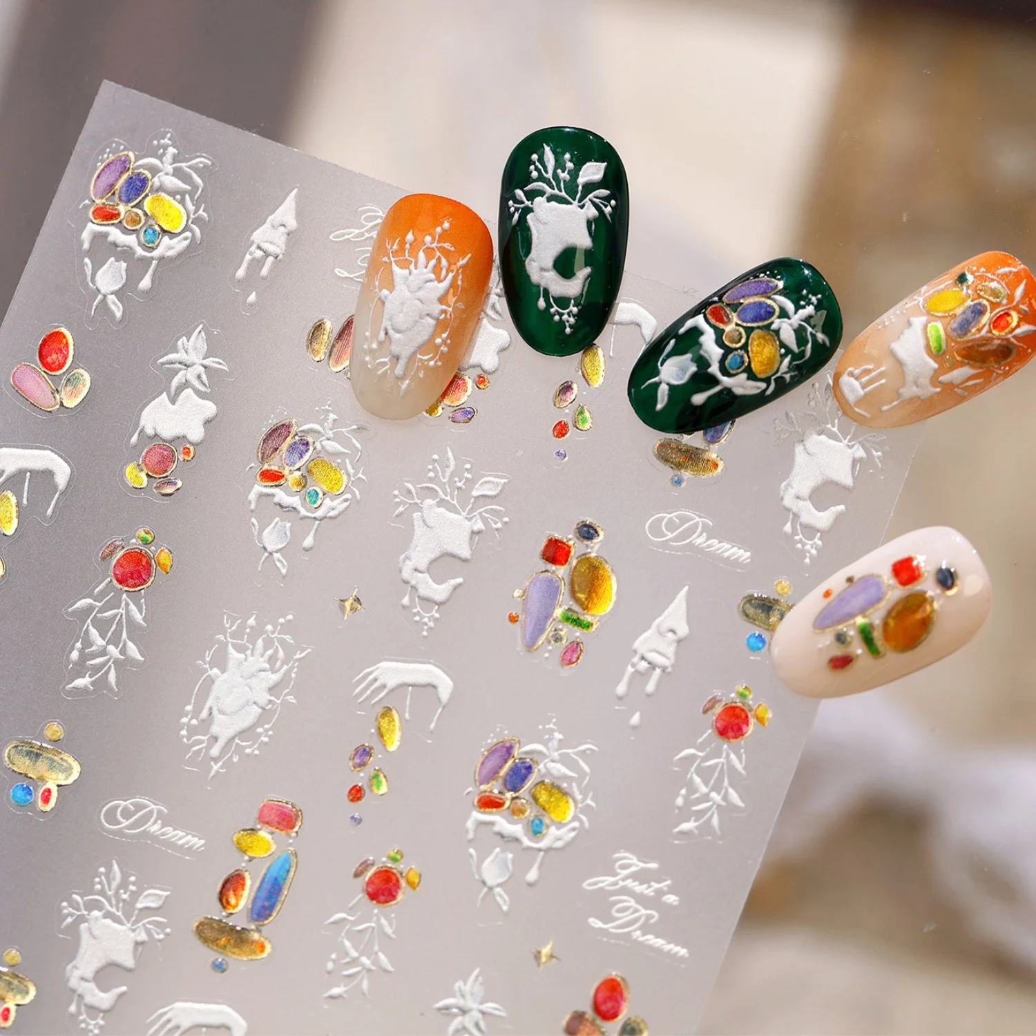 Elegant Baroque Vintage Flower 5D Nail Decals White Embossed Plant Floral Gem Self Adhesive Nail Stickers Manicure Decoration