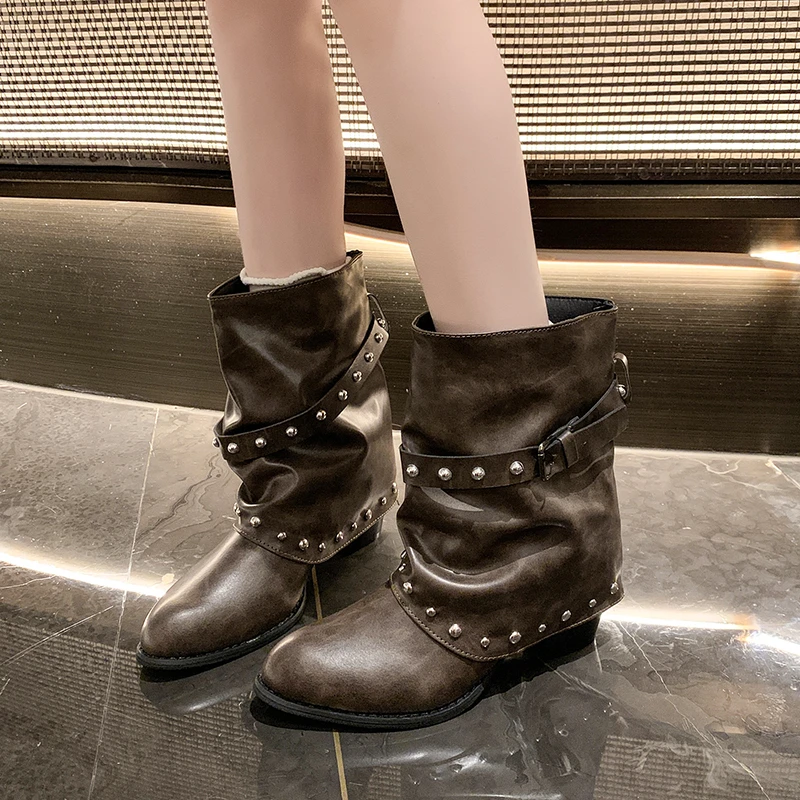 Wrinkled Pile Pile Western Denim Rivet Short Boots 2026 Autumn and Winter New Coarse Heel Fashion Women's Shoes