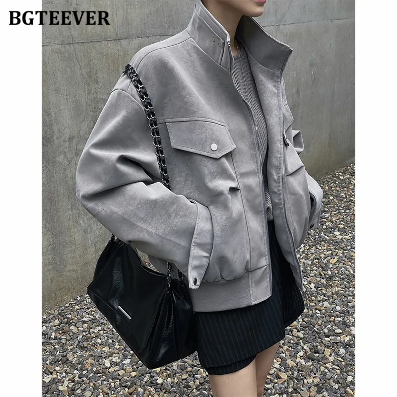 

BGTEEVER Stylish Pockets Female Suede Jackets Autumn Winter Warm Loose Lapel Zipper Up Coats for Women