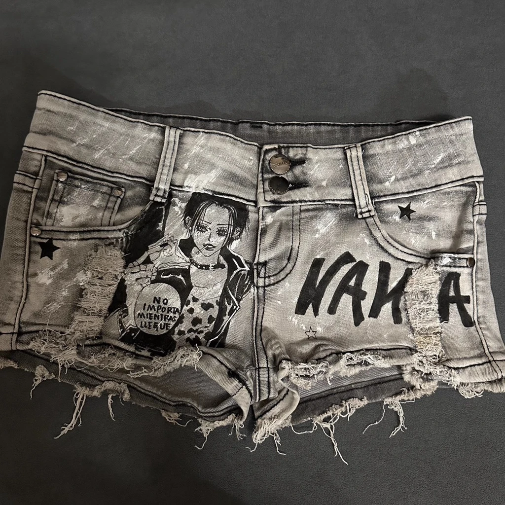 

Ripped Graffitied Denim Shorts Pant Summer Women's Button-up Hip-hugging Denim Skirt Nightclub Hot Trousers Broken Tassel Sexy